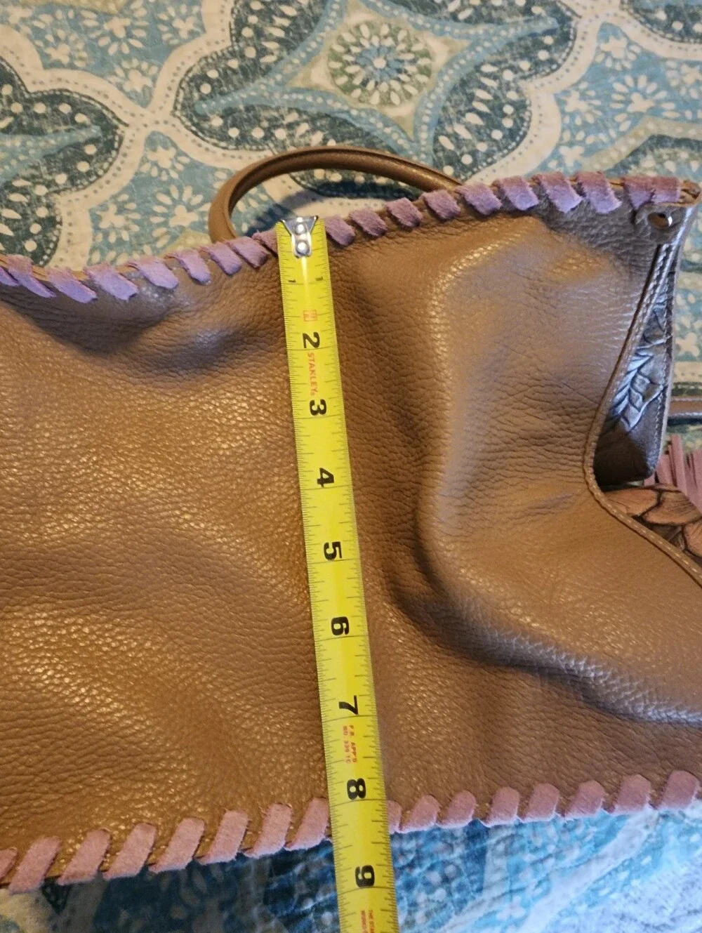 Claudia Firenze Embossed Boho Floral Leather Tote Bag with Tassels - Pink Brown